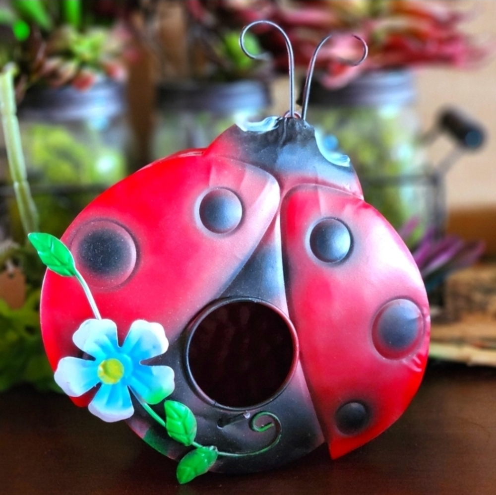 Red Ladybug Metal Birdhouse with Blue Flower NWT